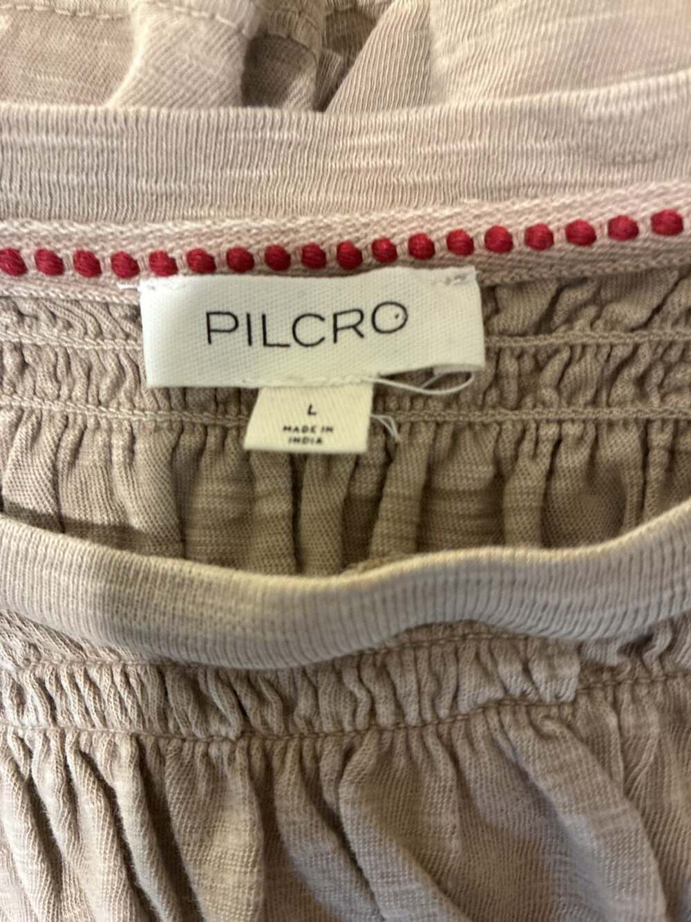Pilcro Smocked Peplum Top Size L Khaki Brown Short Sleeve Ruffle Hem